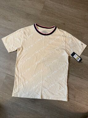 Tommy Hilfiger Beige Logo-Print Ringer Tee with Red-White-Blue Trim 10/12 Boys